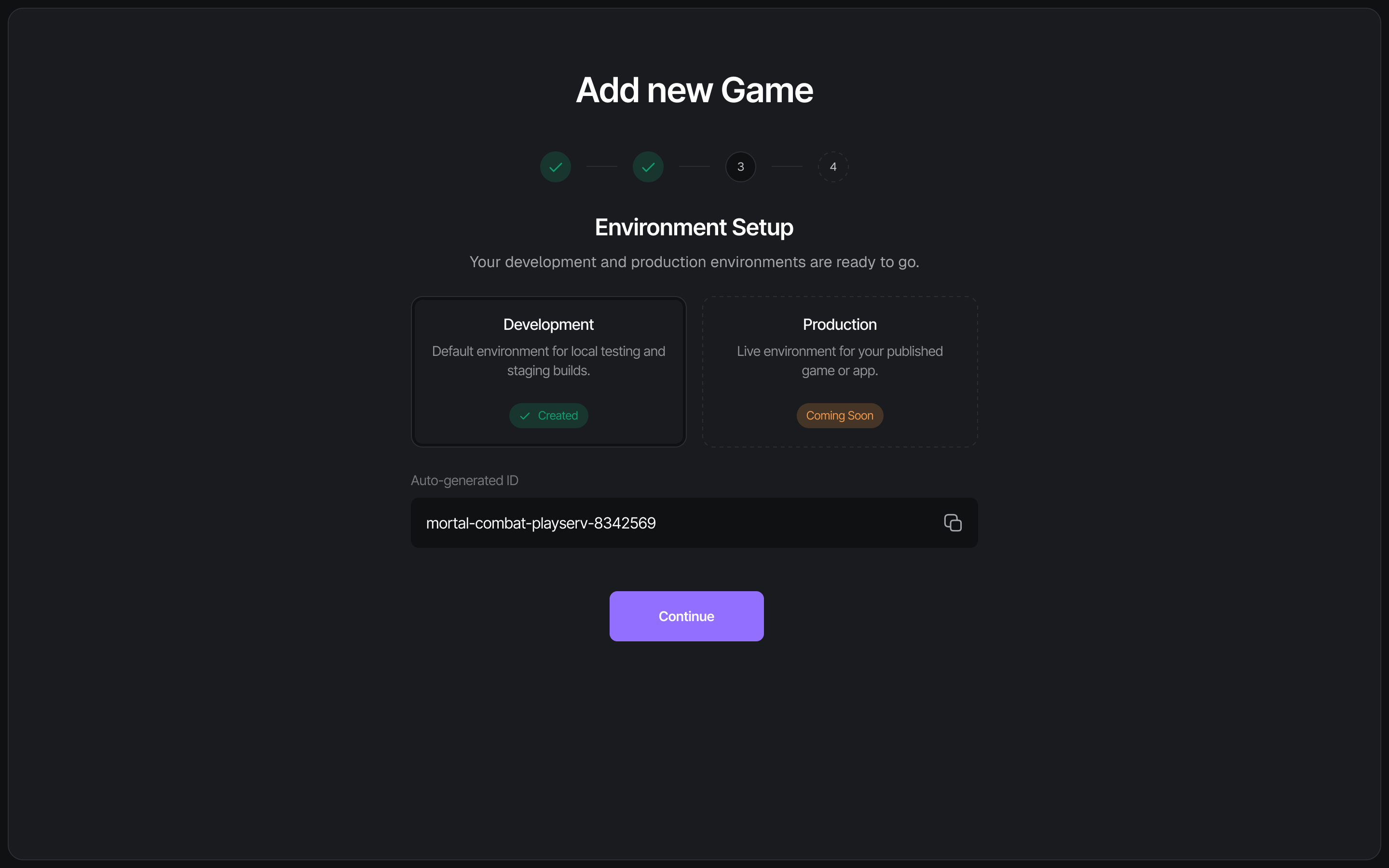 Environment Setup step showing Development and Production environments with the auto-generated project ID