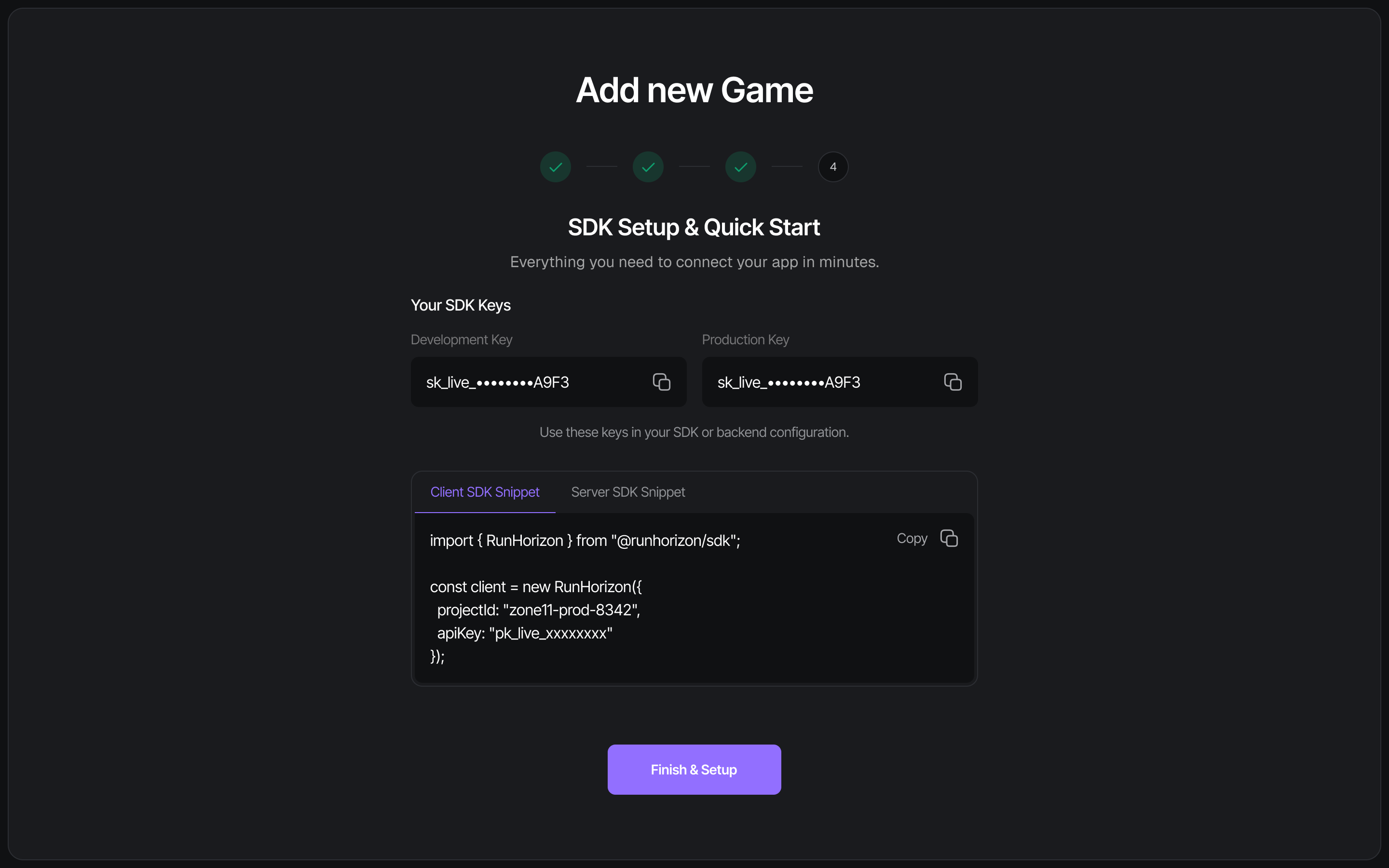SDK Setup &amp; Quick Start step showing the Development Key and code snippet switcher