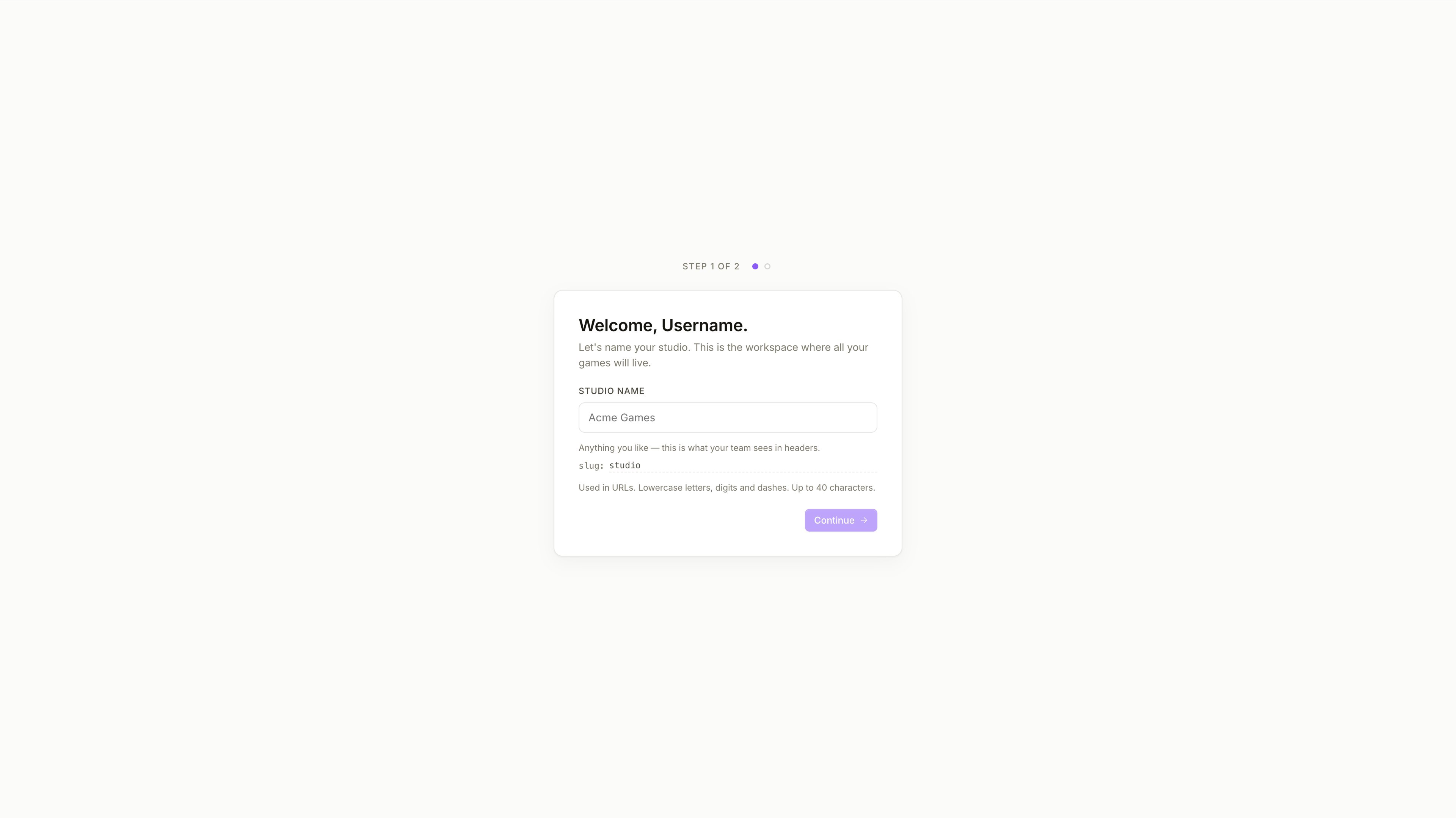 Studio Name screen — first onboarding step