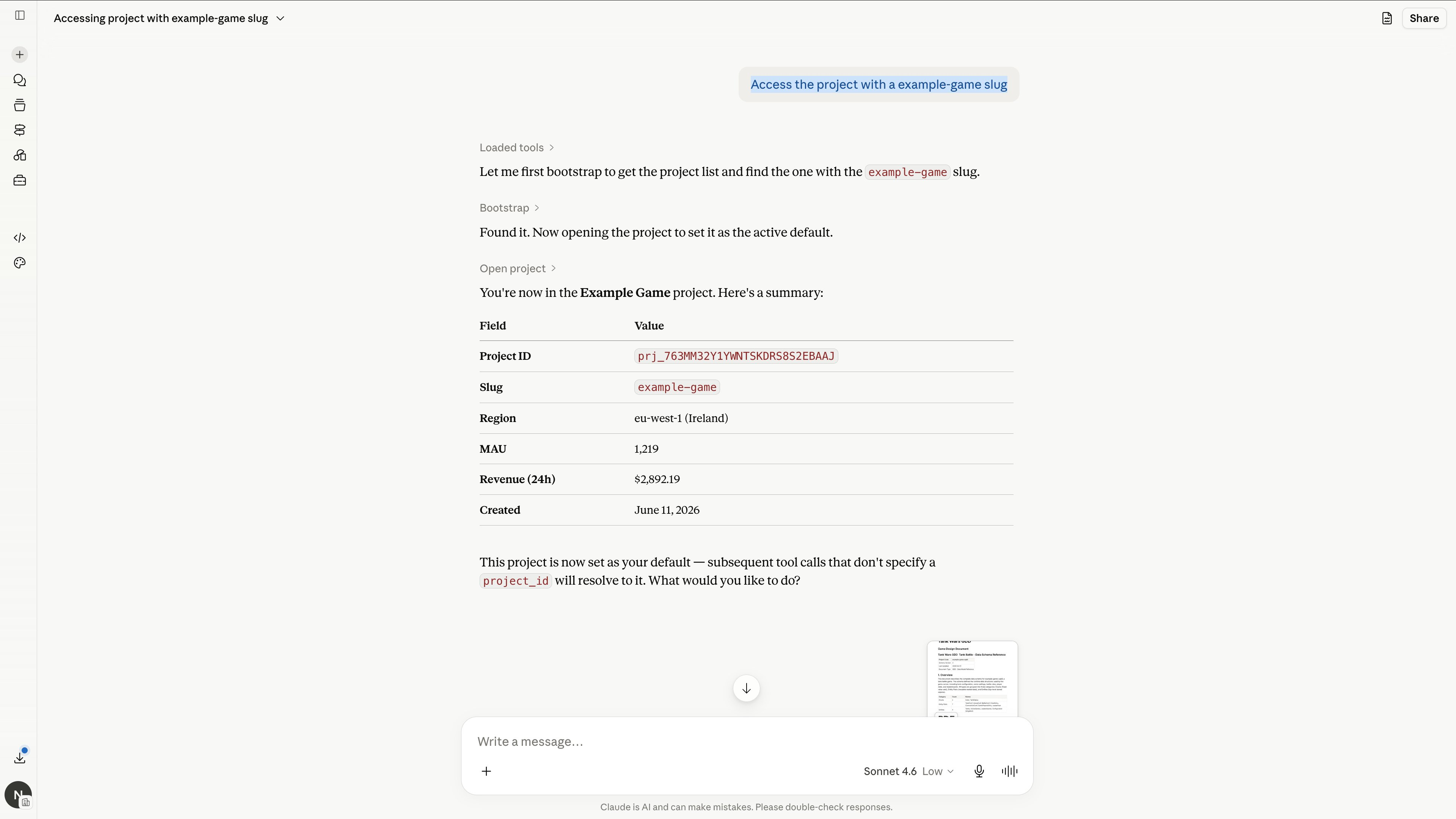 Claude response after connecting to a project — showing project summary table