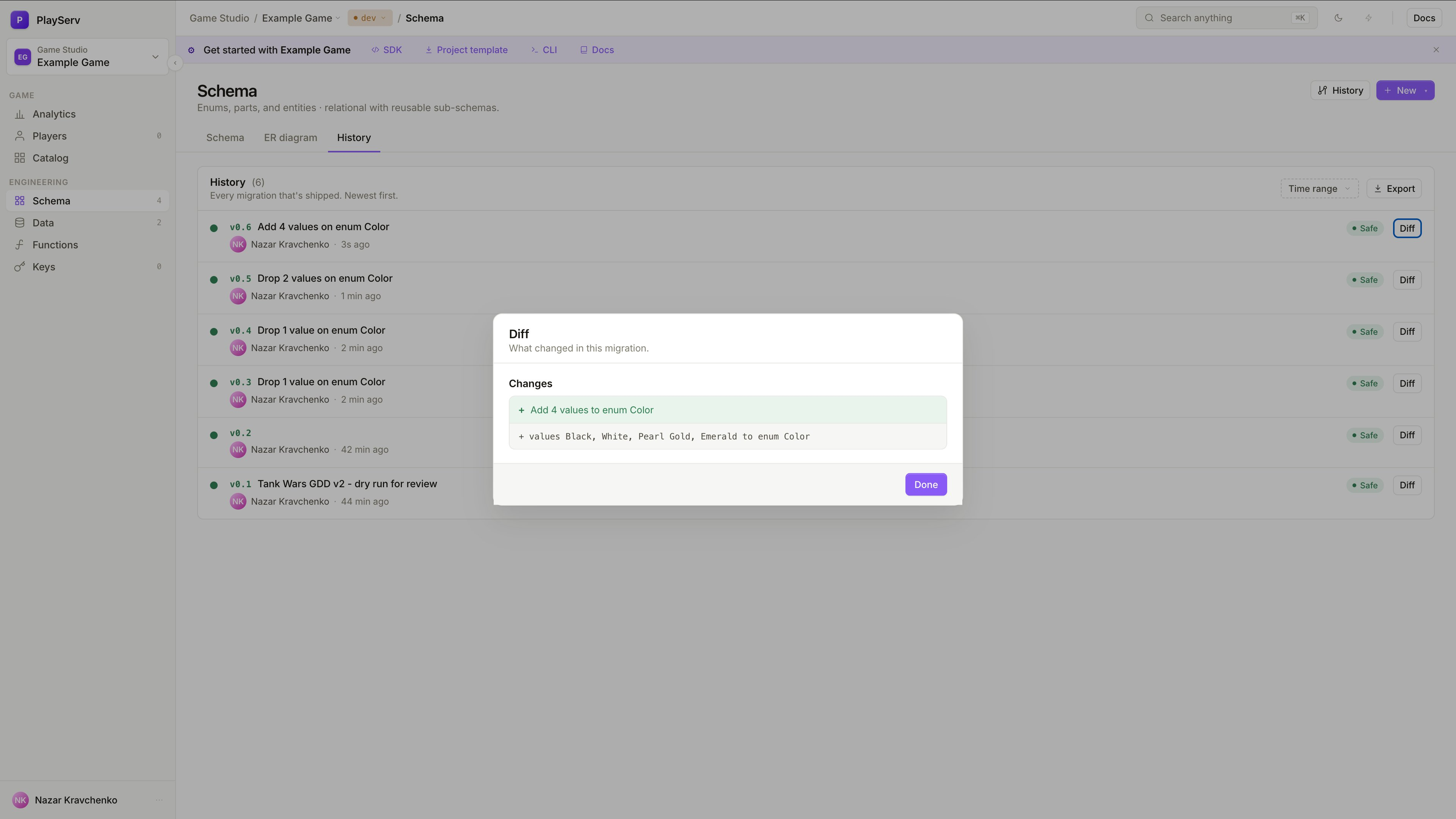 Schema History tab showing a list of applied migrations with Diff buttons