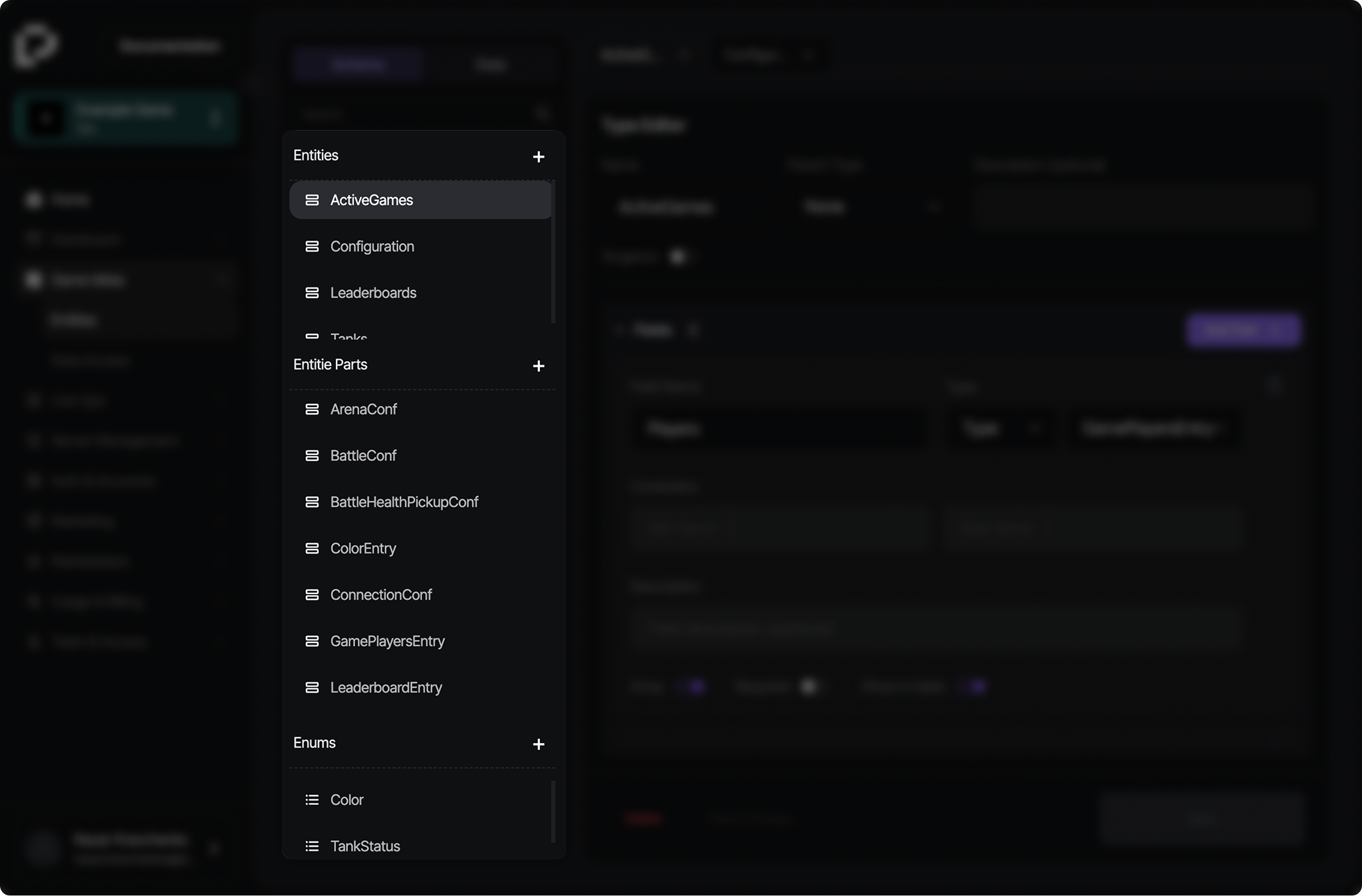 Entity, Entity Part, and Enum in the schema editor