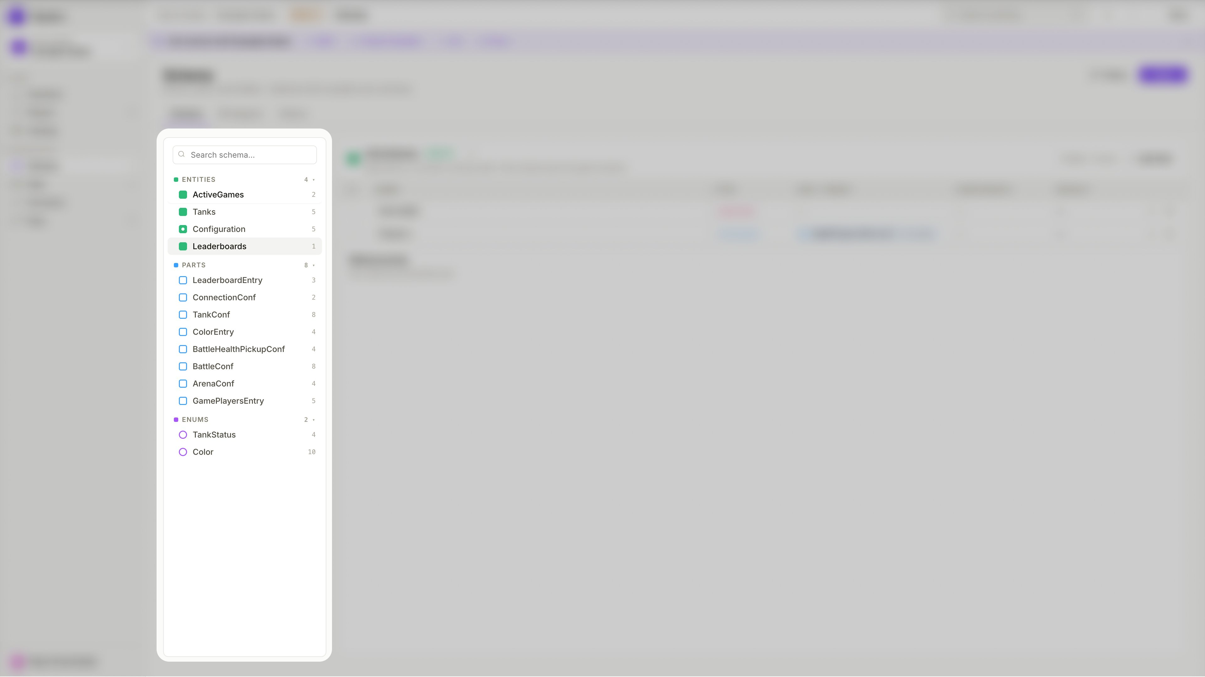 Entity, Entity Part, and Enum in the schema editor