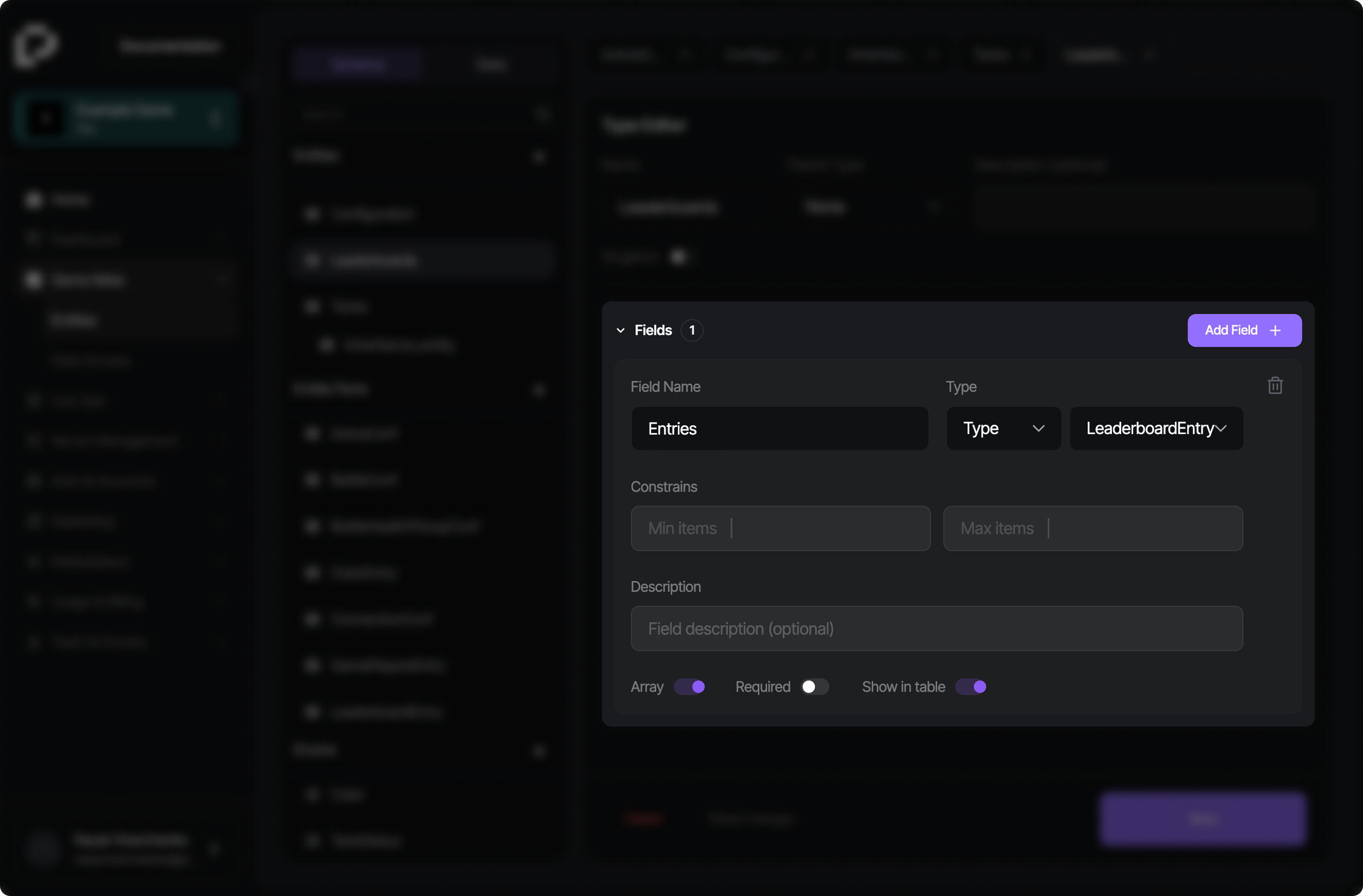 Constraints and field settings panel