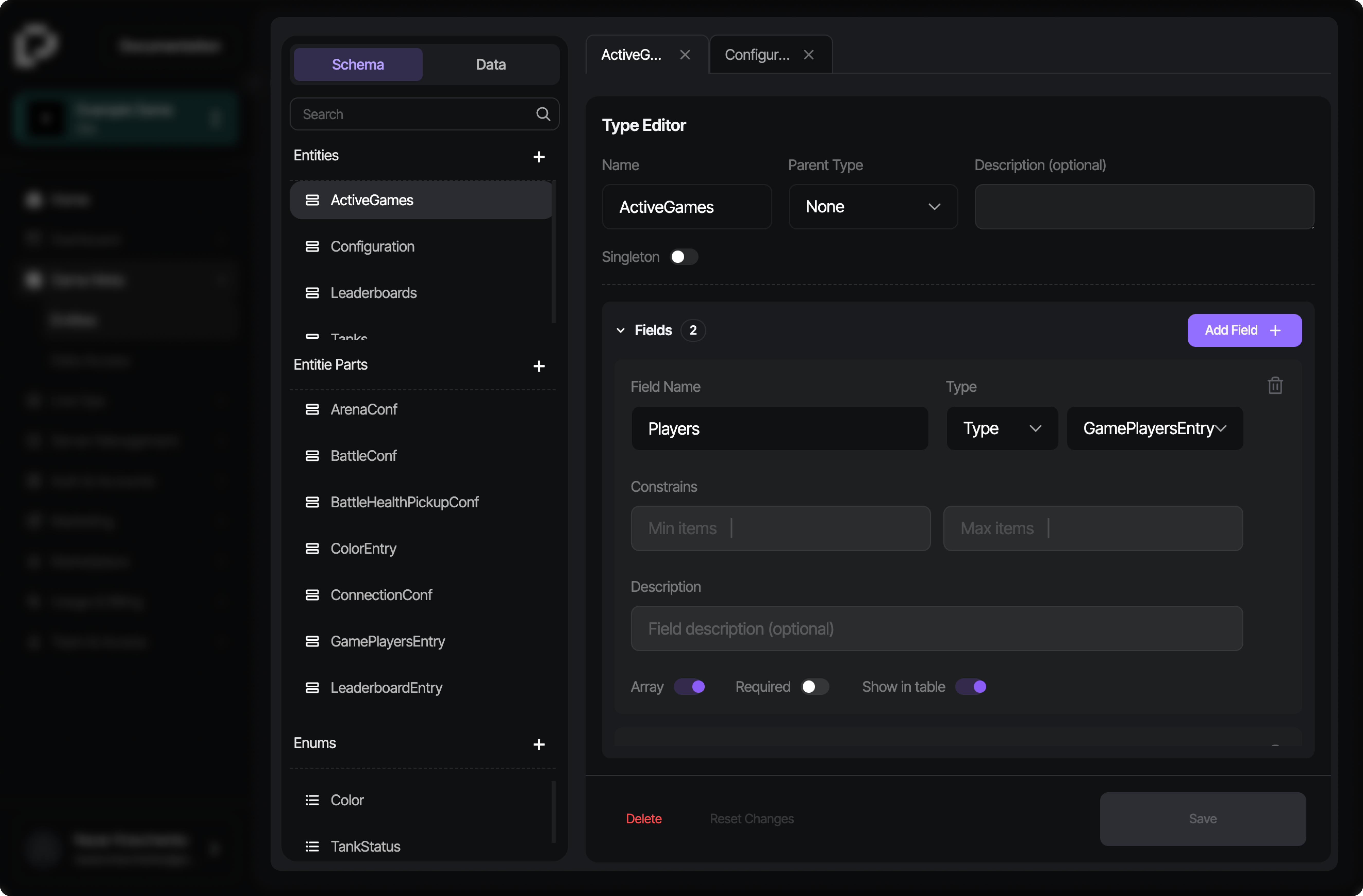 Game Schema view in the Backoffice