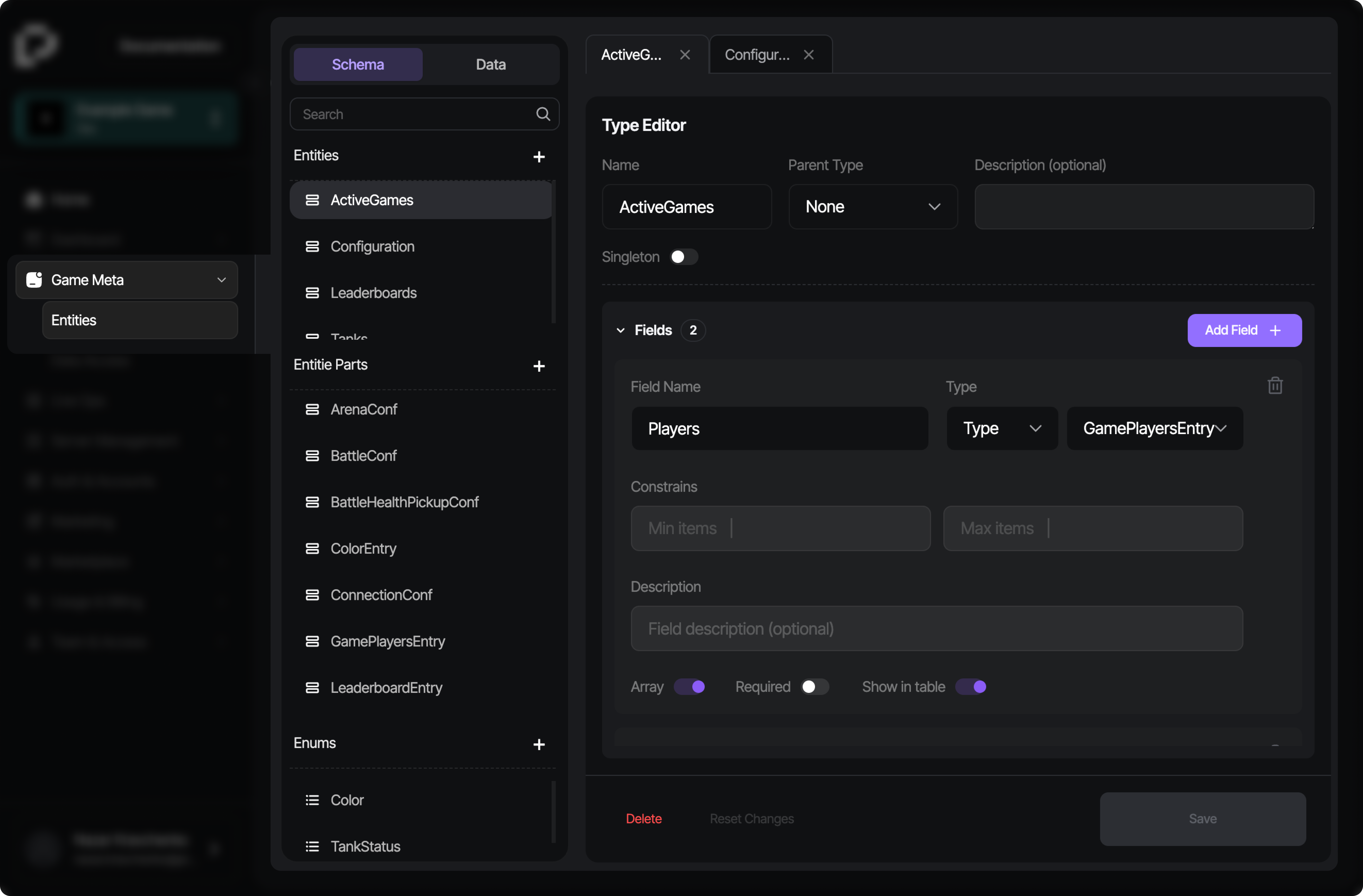 Schema overview in the PlayServ Backoffice
