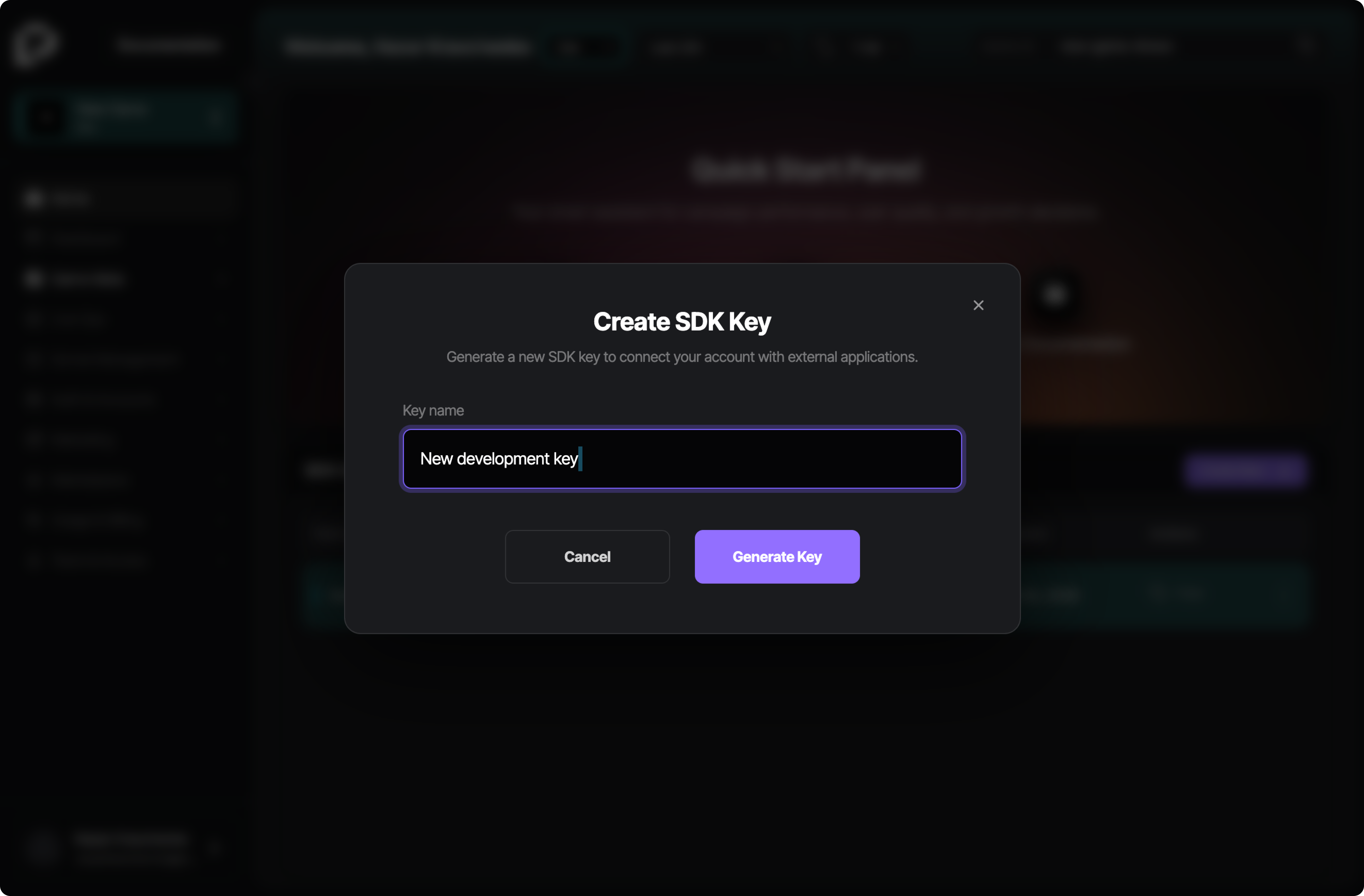 Create SDK key form with name and environment fields