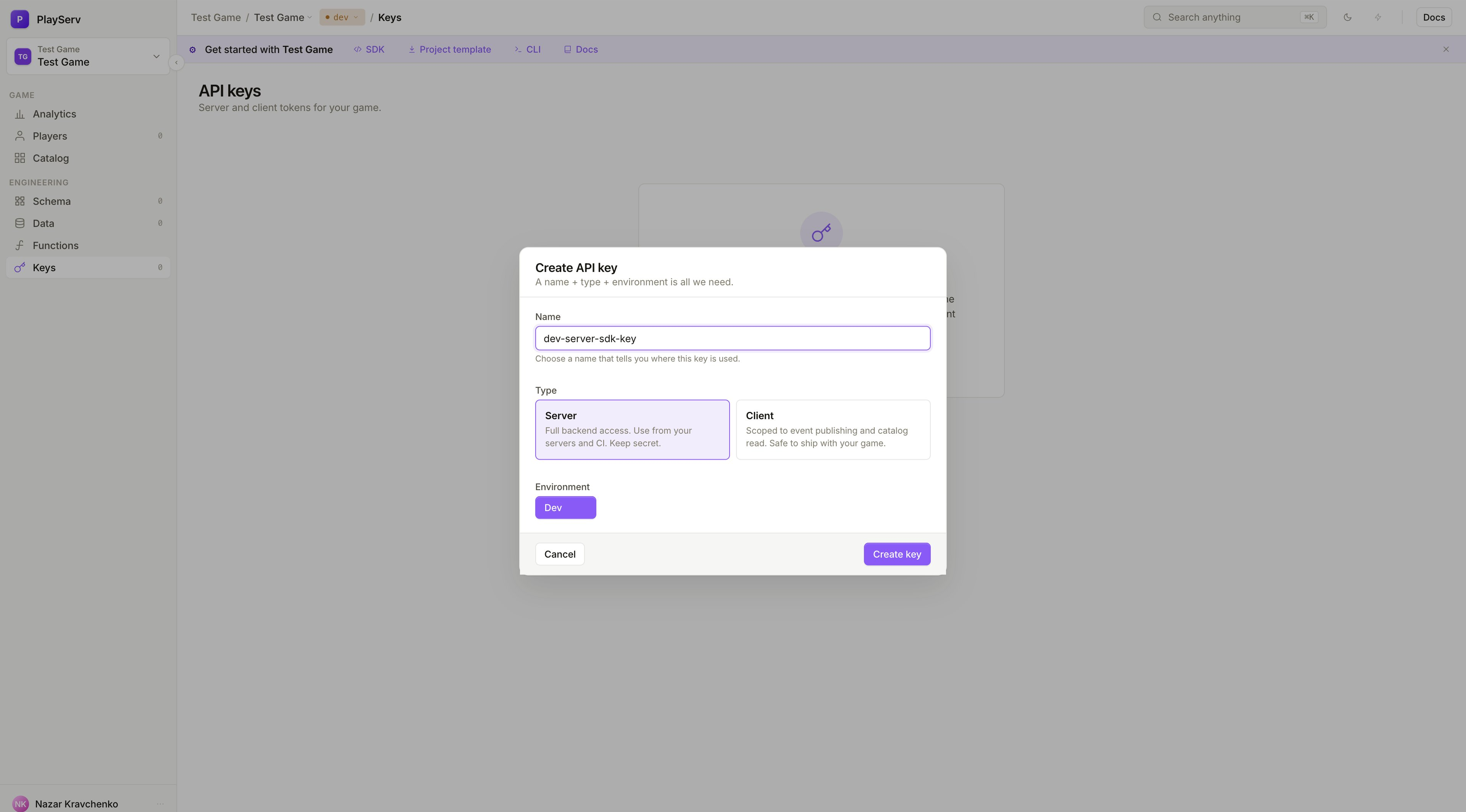 Create API key form