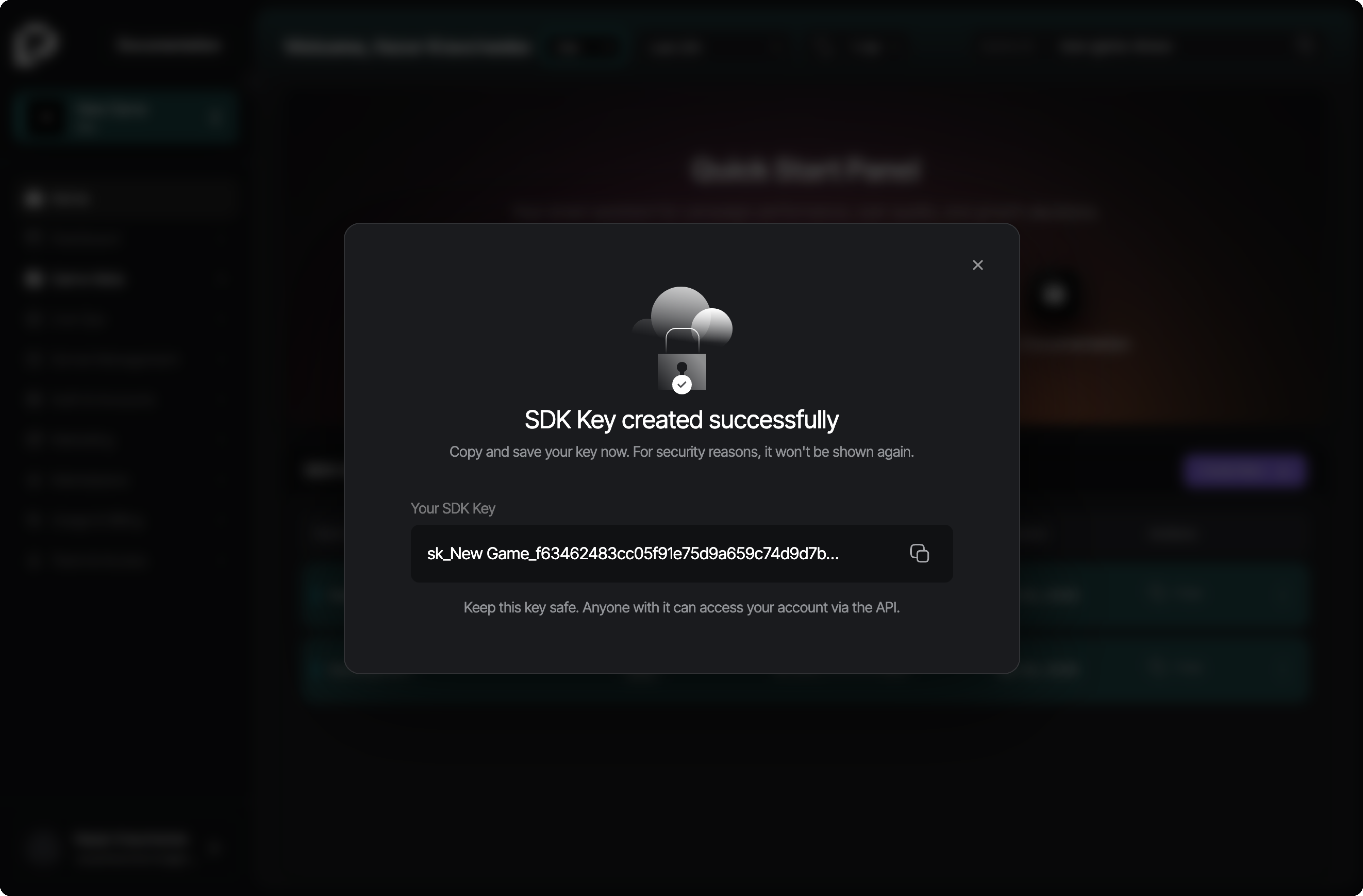 SDK key creation success state showing the new key value
