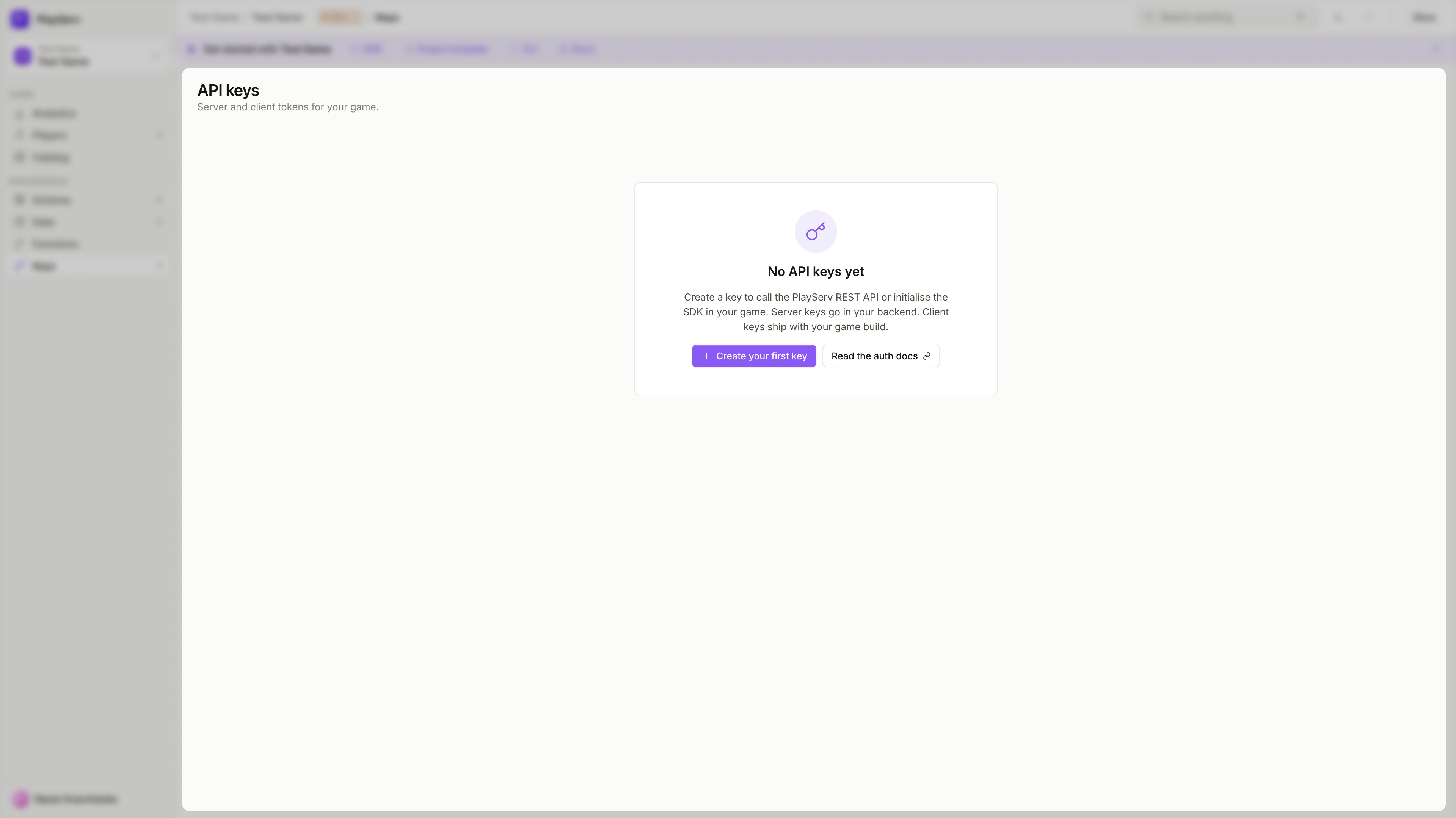 API keys page — empty state