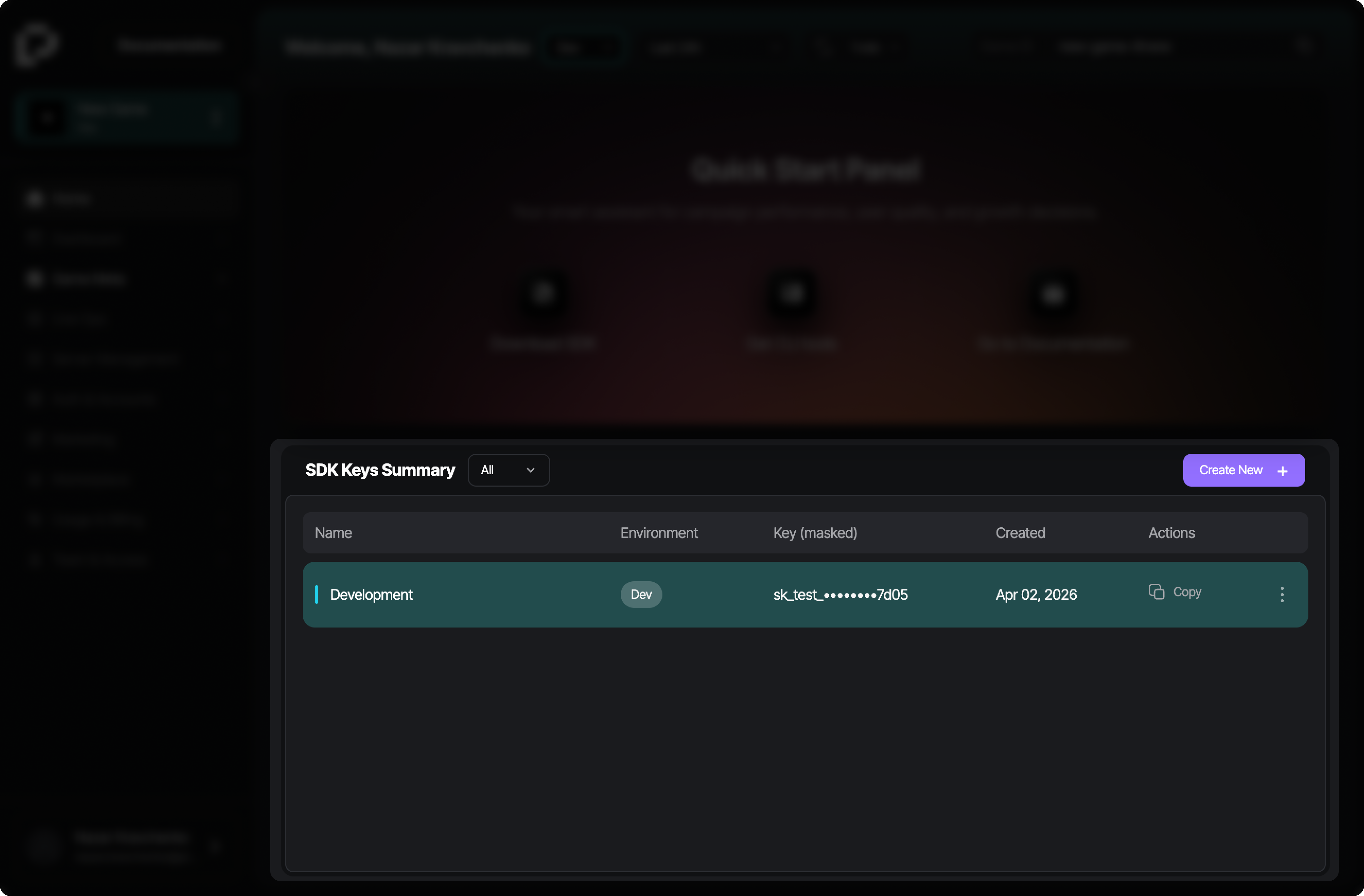 SDK Keys Summary table in the project workspace