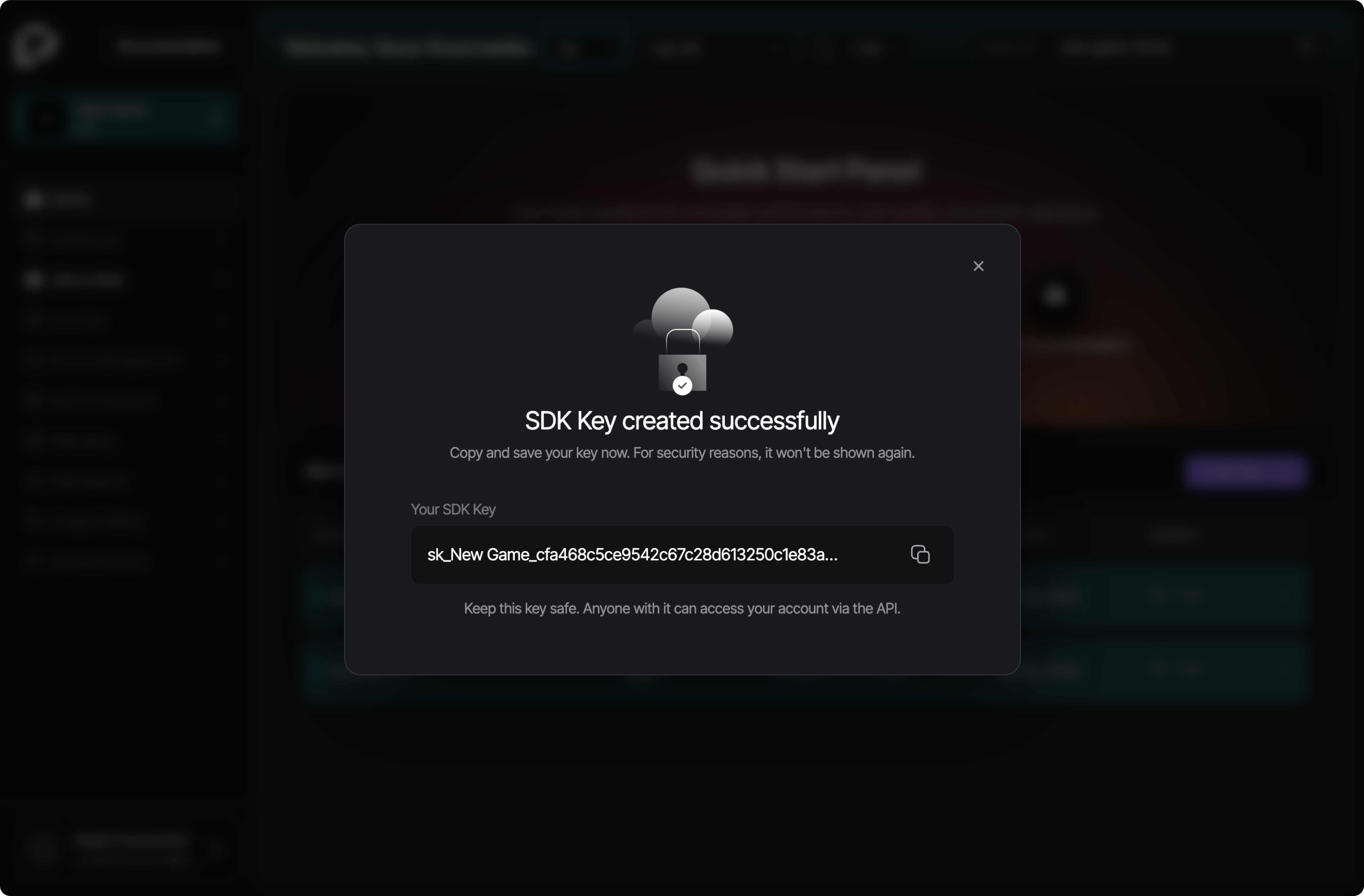 Regenerate SDK key success state showing the new key value