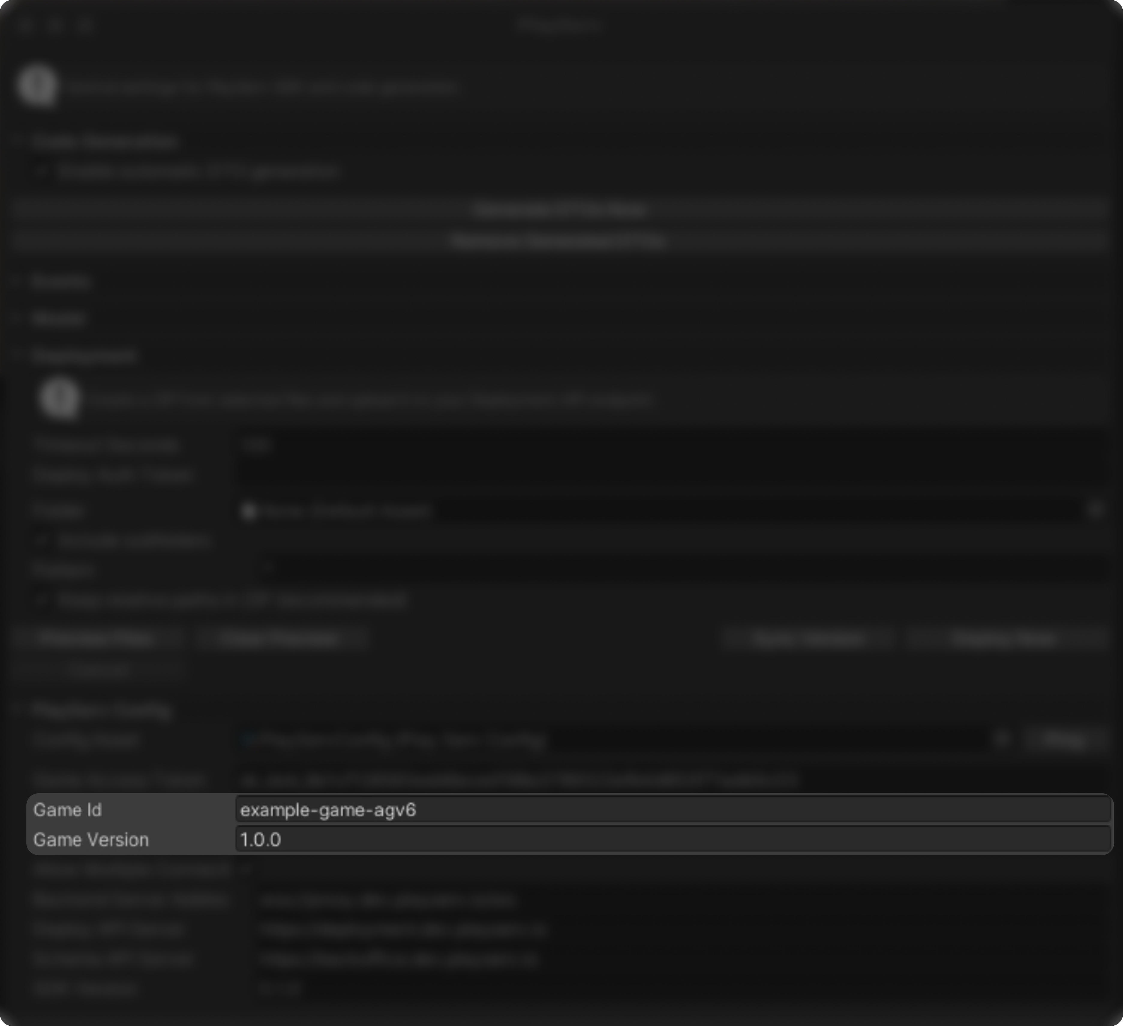PlayServ settings window with credentials filled in