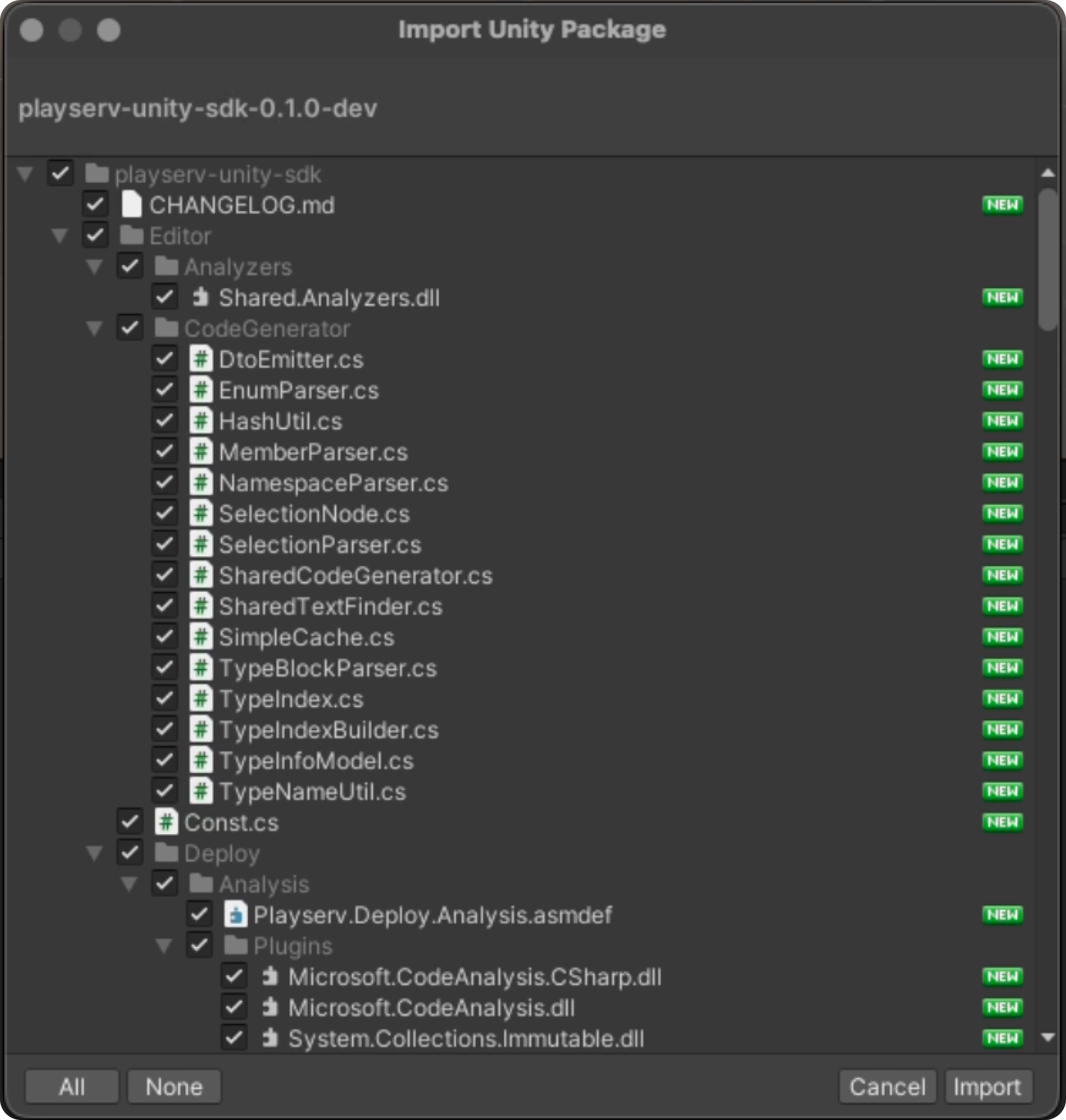 Unity package import dialog with the PlayServ SDK