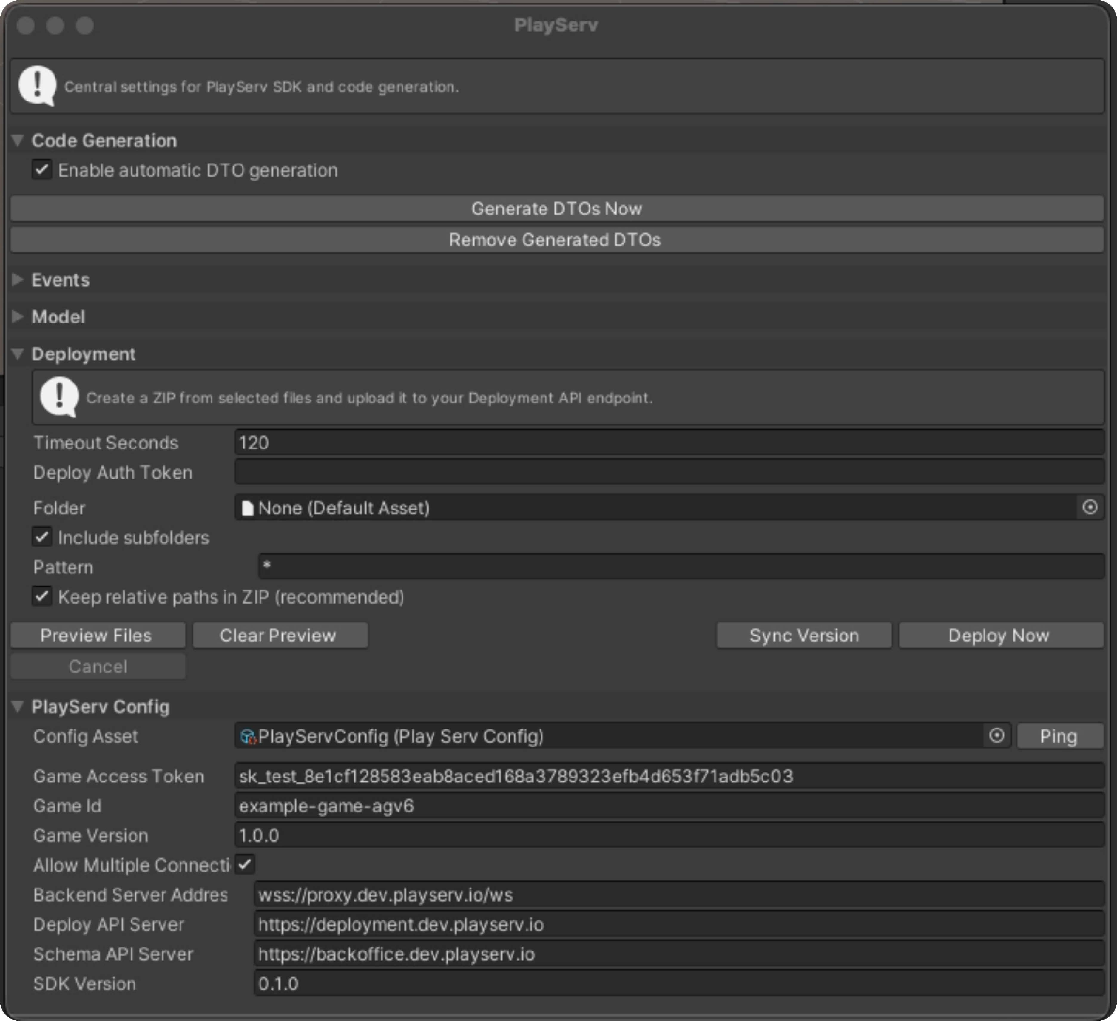 PlayServ settings window in Unity